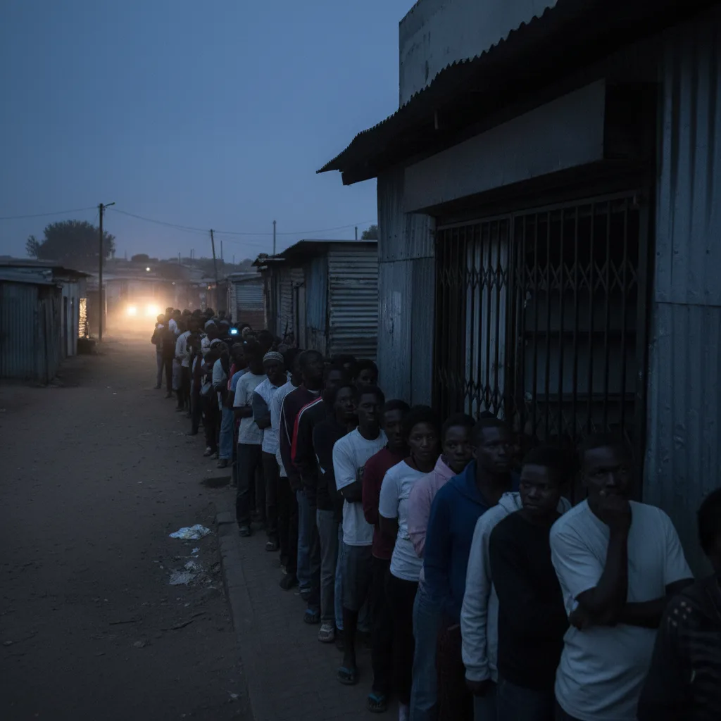 A long queue of South Africans waiting in the dark outside a closed retailer, highlighting the difficulty of accessing…