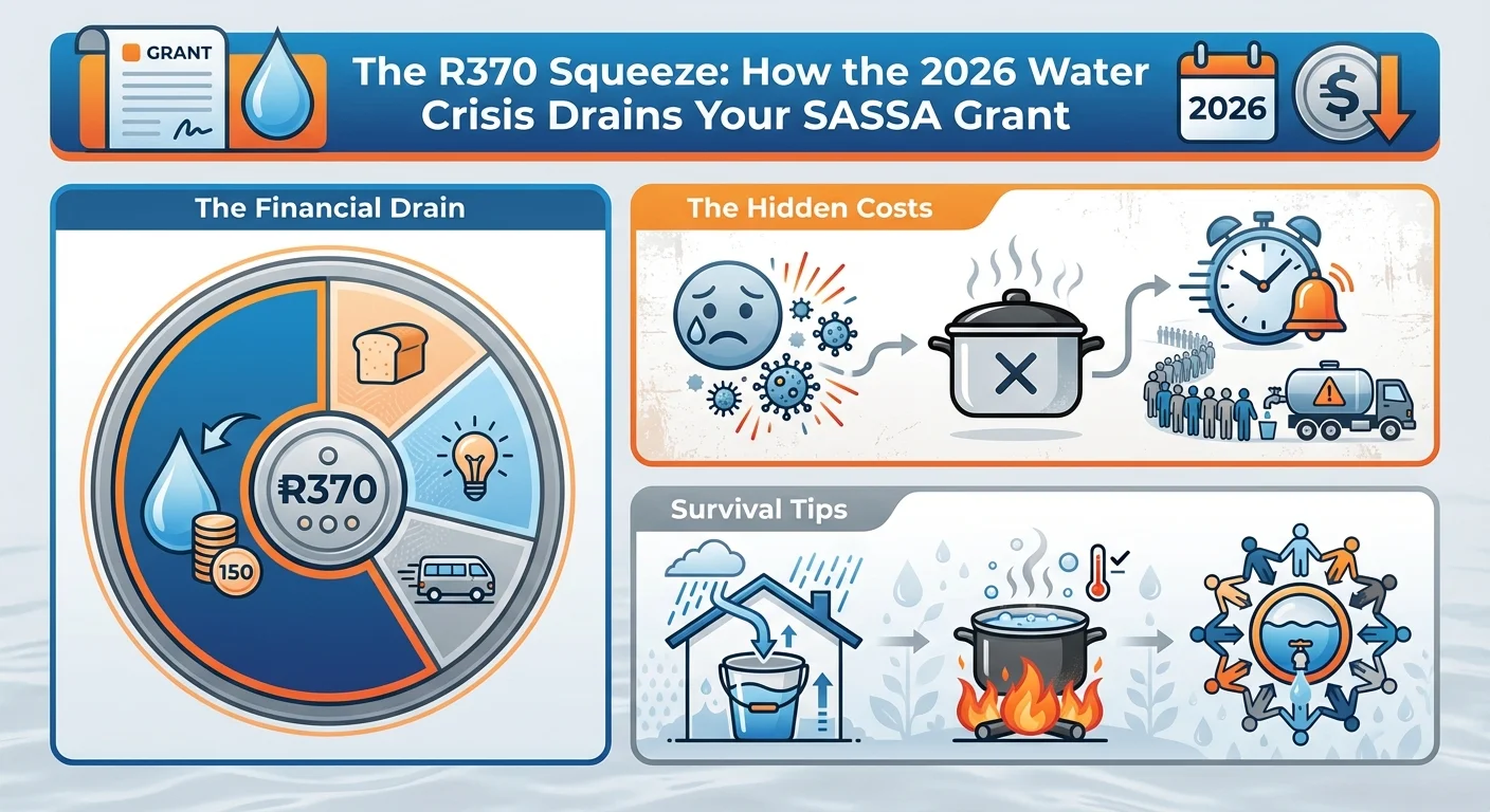 Infographic showing how the 2026 water crisis affects the R370 SASSA grant, with sections on financial costs, health ri…