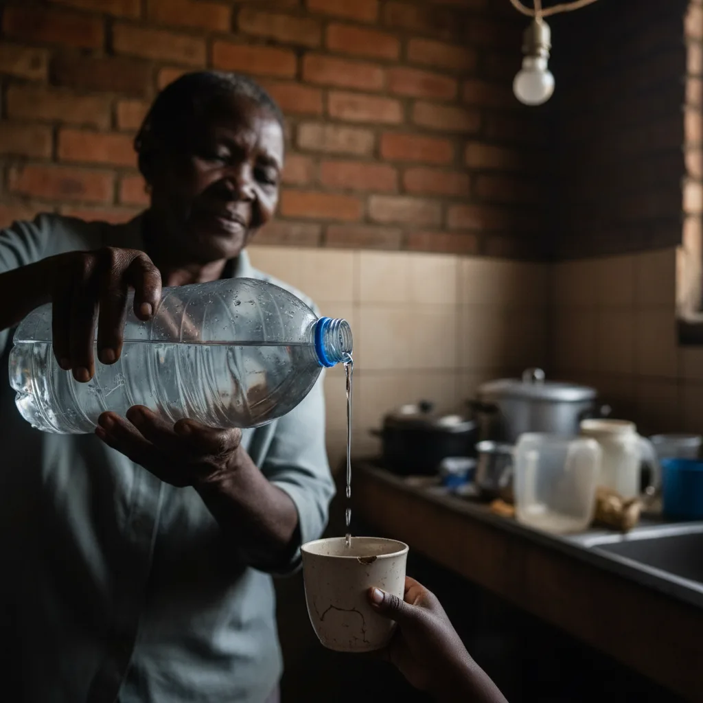 An elderly woman carefully pouring scarce water for a child in a South African home, illustrating the impact of the 202…