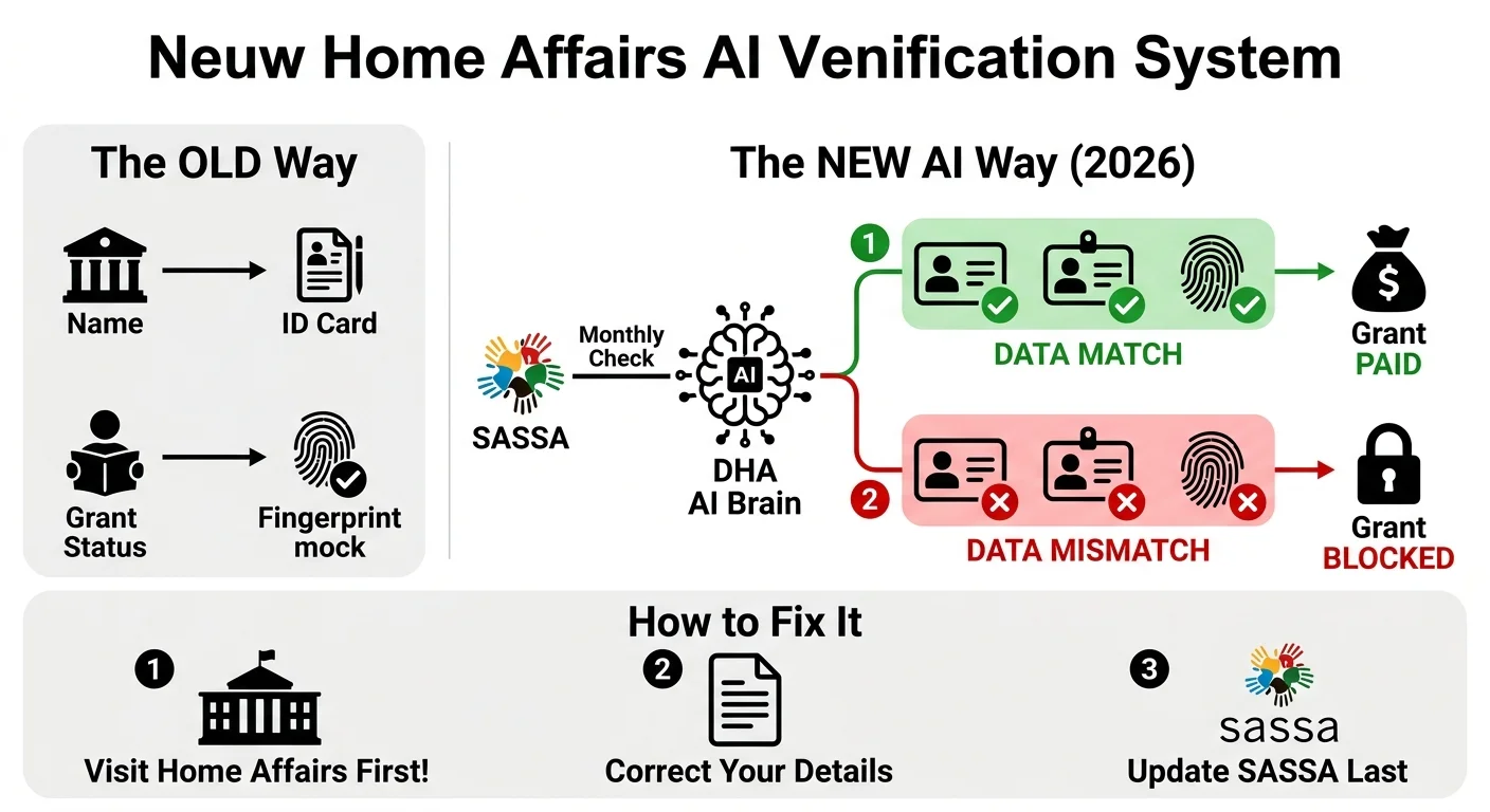 Infographic explaining how the new Home Affairs AI system verifies SASSA grants in 2026, showing how data mismatches le…
