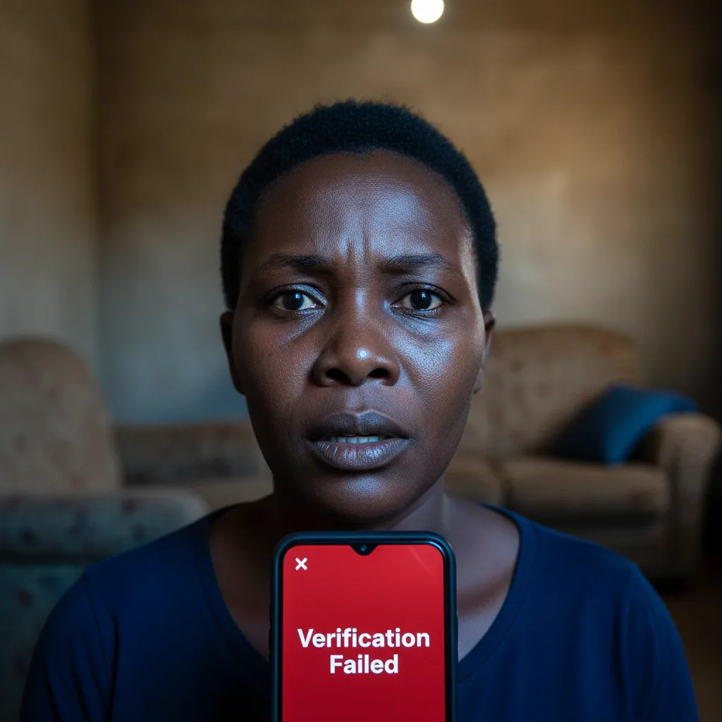 A worried South African woman looks at a 'Verification Failed' error on her phone, symbolizing the risk of her SASSA gr…