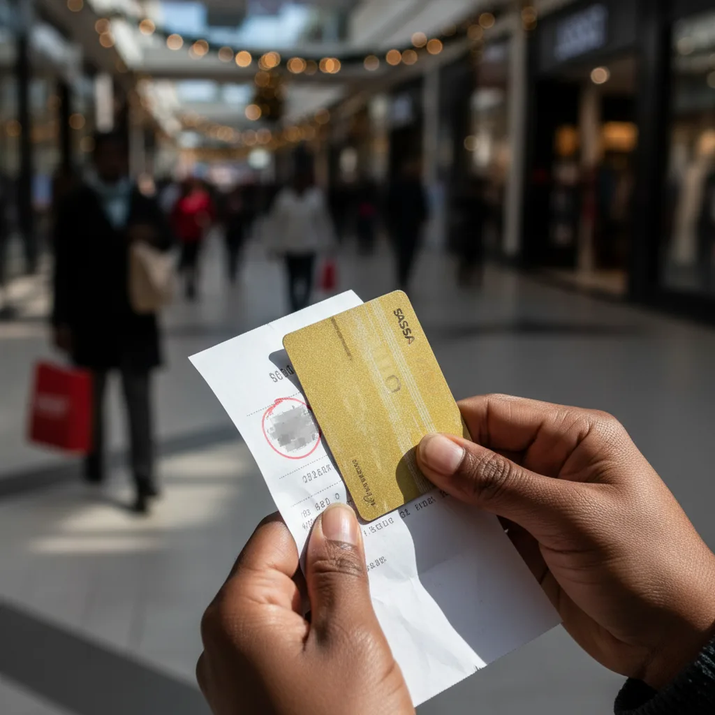 Close up of SASSA beneficiary checking bank receipt for unauthorized deductions in a mall