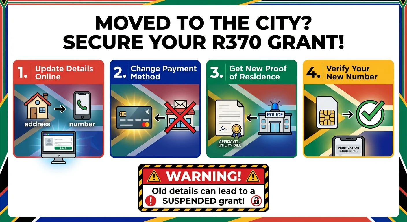 An infographic showing the 4 essential steps SASSA beneficiaries must take when moving to a new city in 2026 to avoid their R370 grant being suspended.