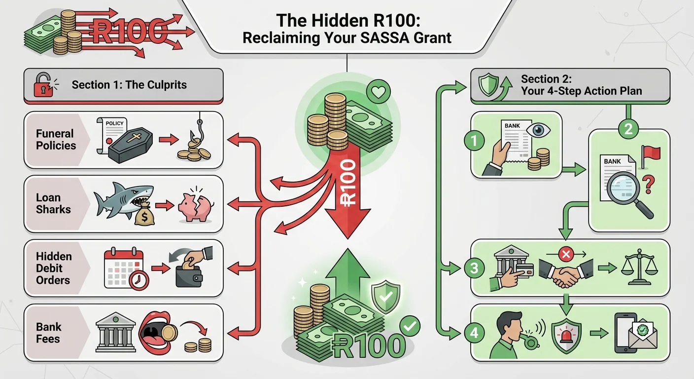 An infographic explaining how to stop hidden deductions from SASSA grants. It shows common culprits like funeral policies and loans, and a 4-step action plan to dispute them and reclaim your money.