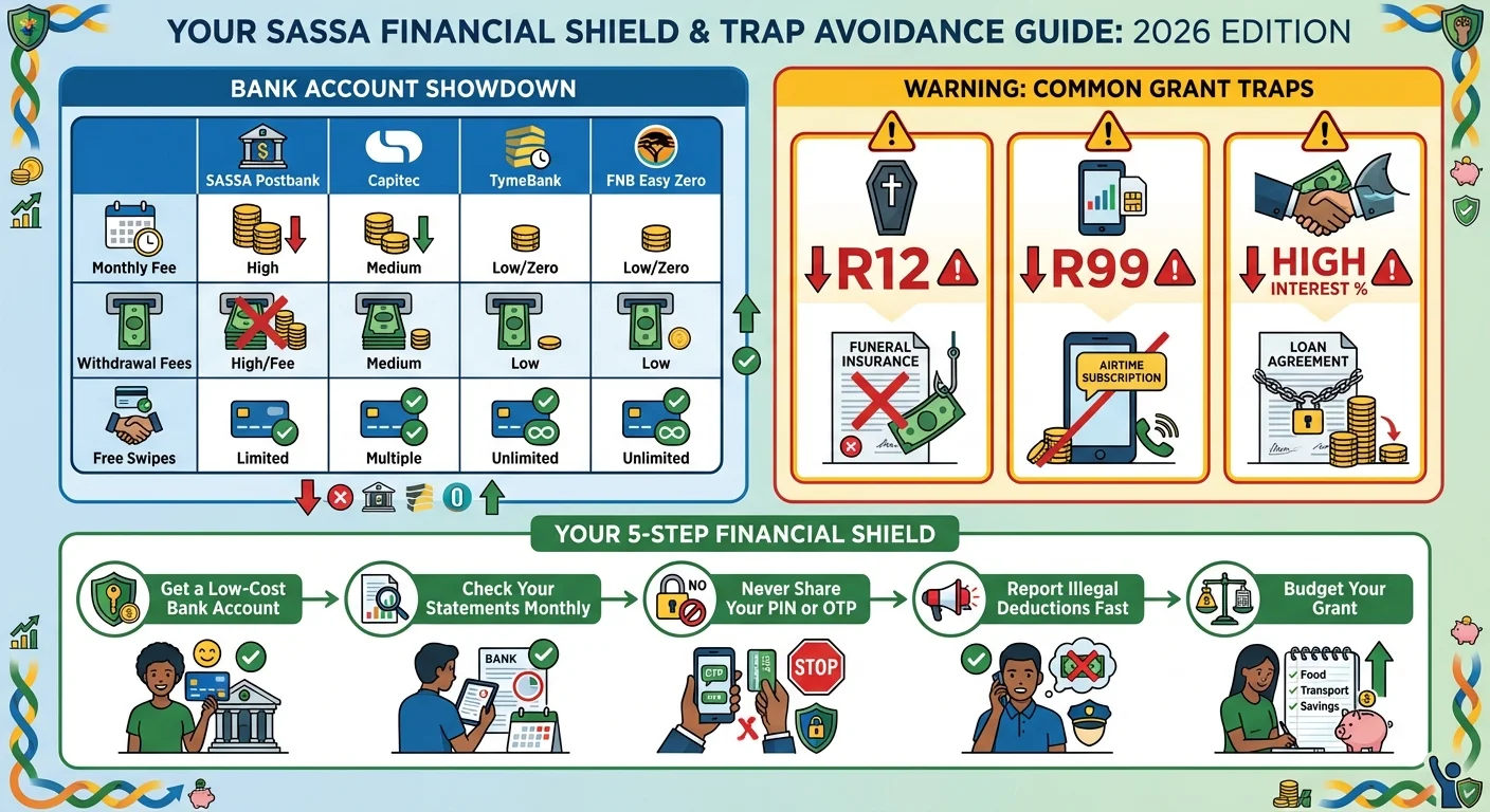 Infographic comparing bank accounts for SASSA grants, showing common financial traps and a 5-step financial safety checklist for 2026.