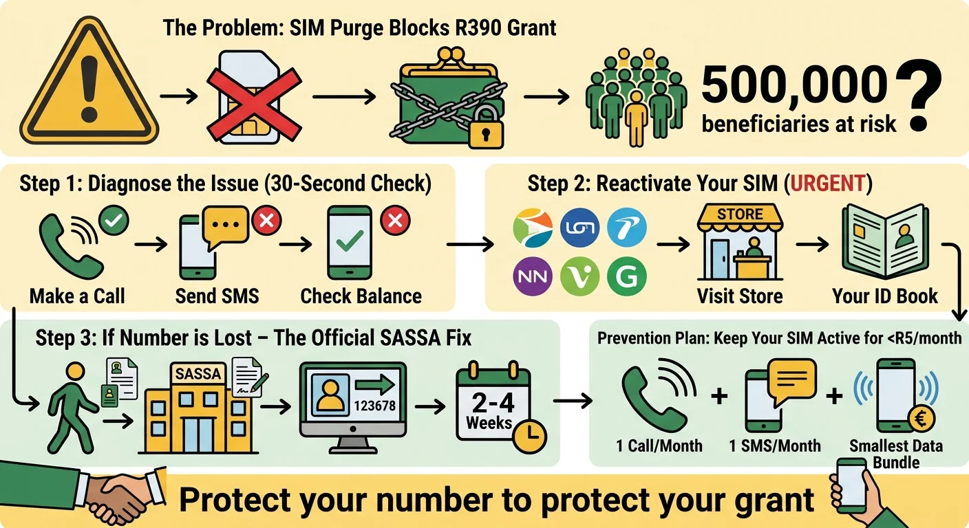 Infographic showing a 4-step plan to fix a SASSA grant blocked by SIM deactivation: Diagnose the issue, attempt to reac…