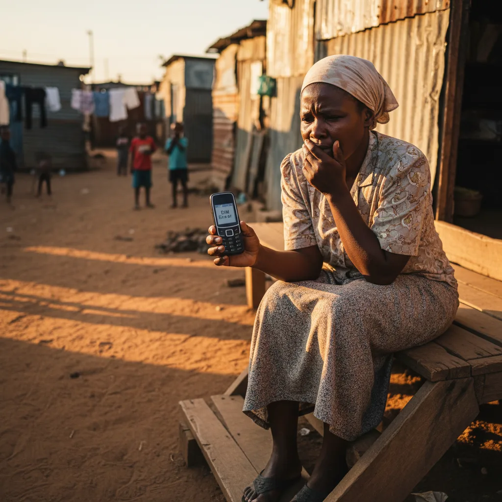 A worried South African woman looks at her phone which displays a SIM error, symbolizing her SASSA grant being blocked…