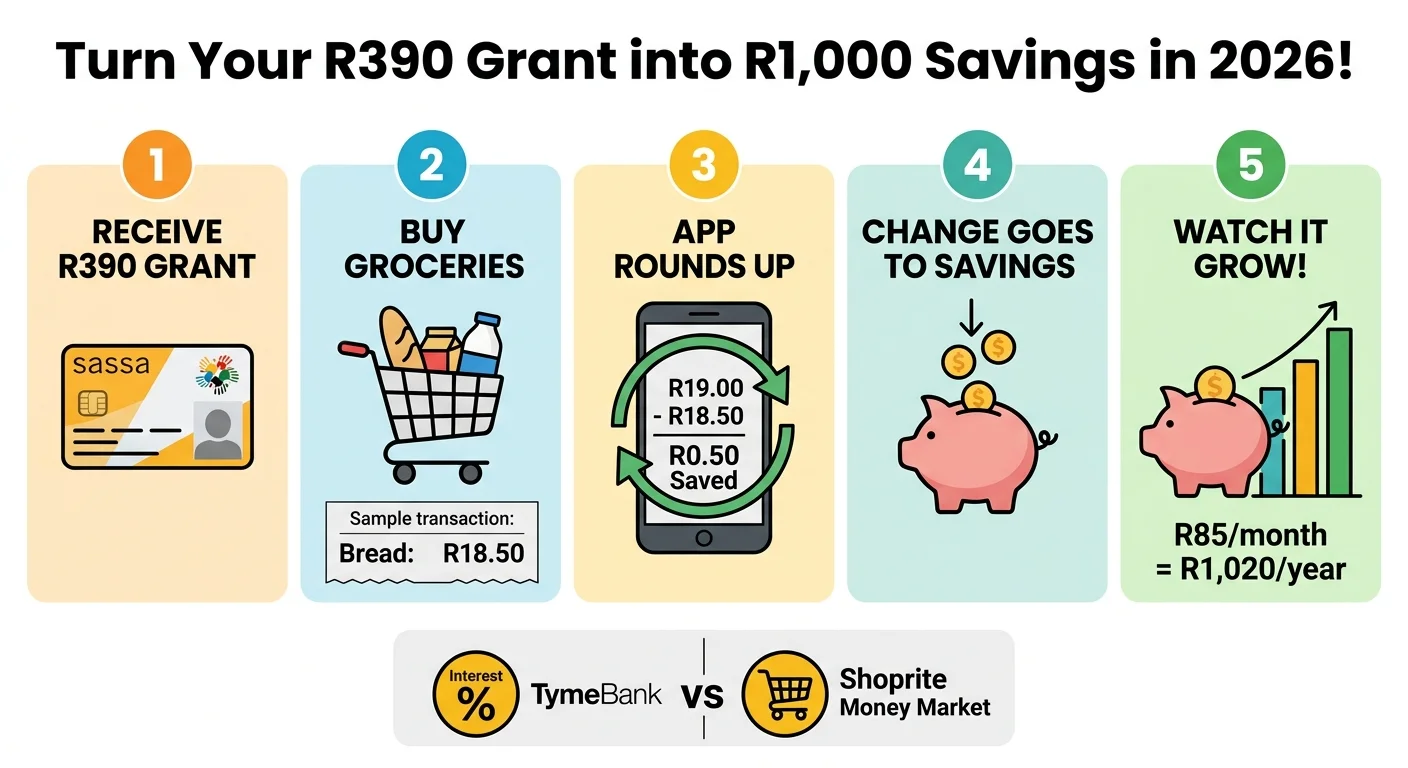 Infographic explaining how SASSA beneficiaries can use round-up savings in 2026. It shows 5 steps: receiving the R390 g…