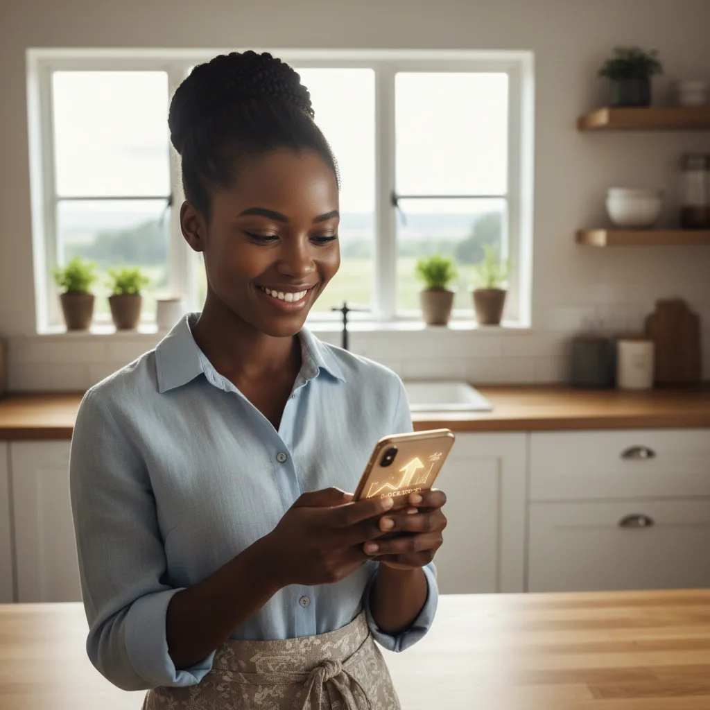 A young South African woman smiles while checking her savings progress on her smartphone, illustrating the success of u…