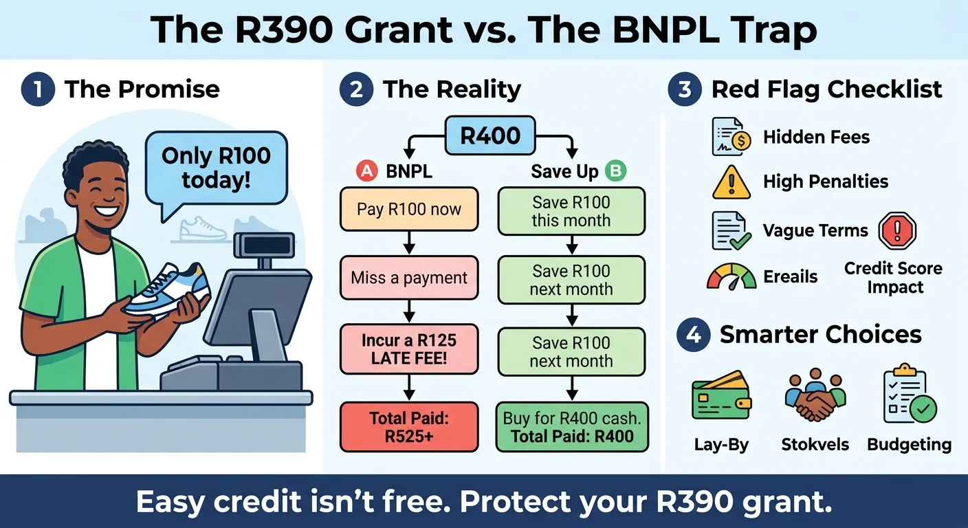 An infographic comparing the cost of a R400 purchase using 'Buy Now, Pay Later' versus saving, showing how late fees ca…