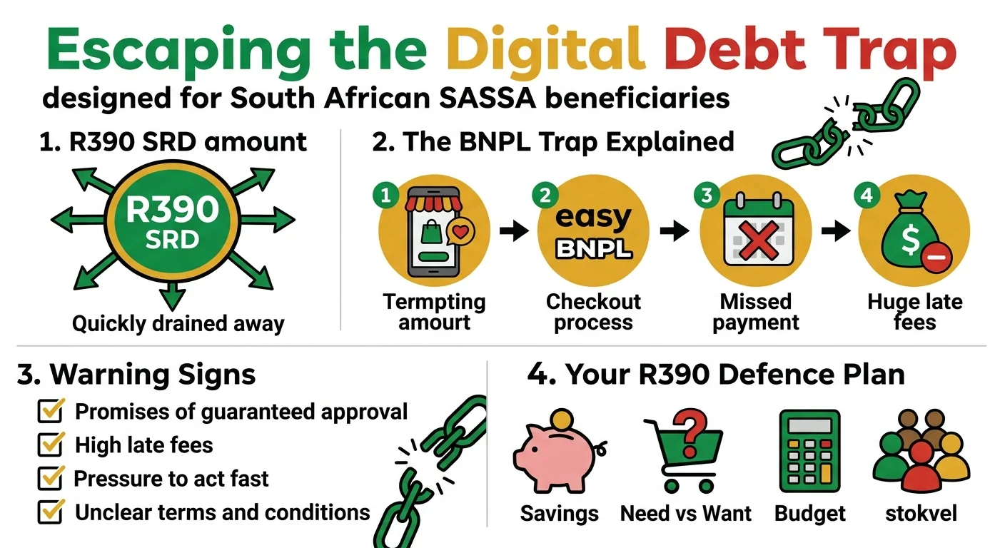An infographic explaining how Buy Now, Pay Later services create a debt trap for SASSA grant recipients, showing the cy…