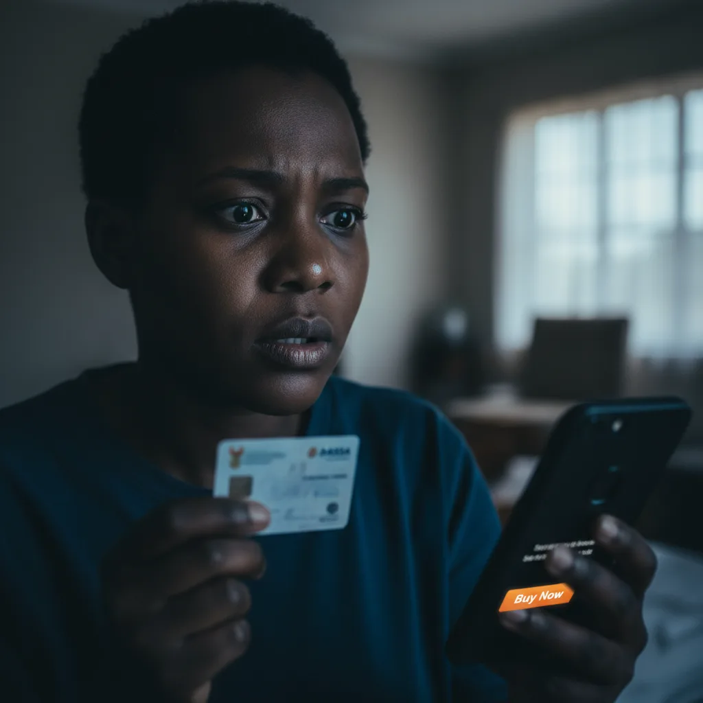 A concerned South African woman holds her SASSA card while looking at a tempting offer on her smartphone, illustrating…