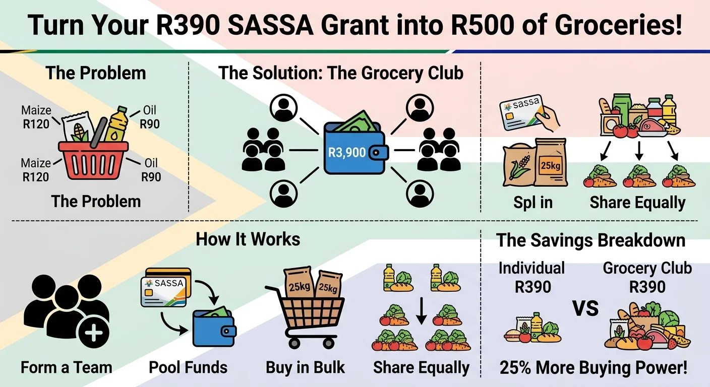 An infographic explaining how South African SASSA beneficiaries can form Grocery Clubs to pool their R390 grants to buy…