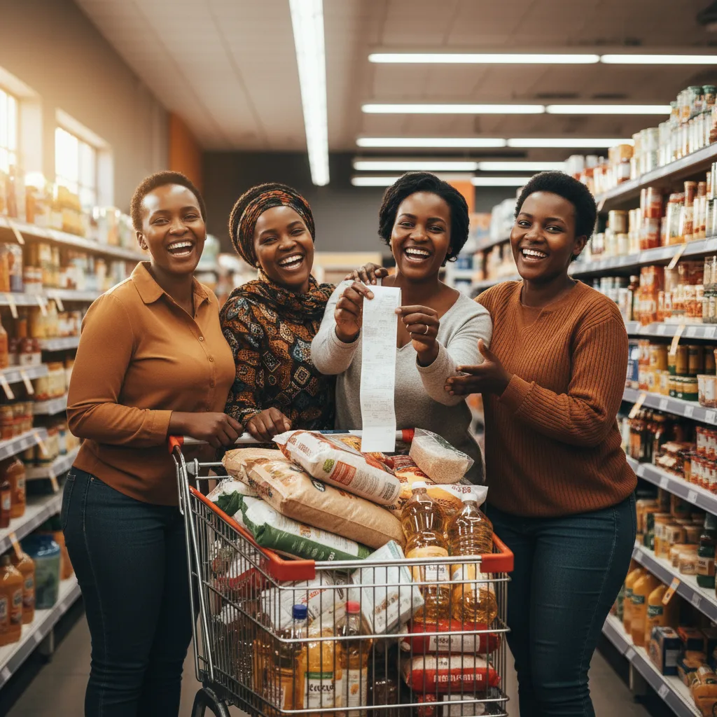 A group of happy South African women beneficiaries of the SASSA grant after successfully using a grocery club to buy fo…