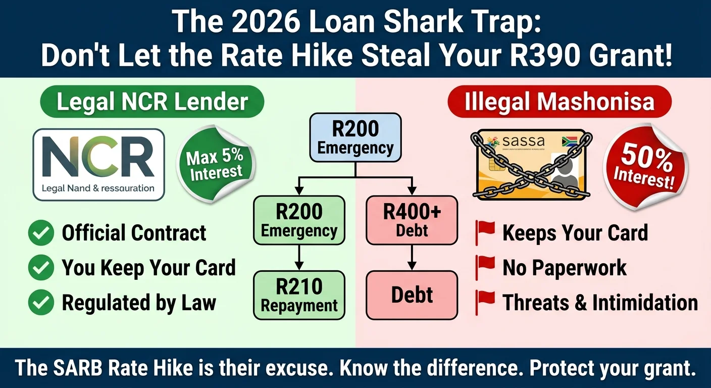 An infographic comparing the safe, low-interest terms of a legal NCR lender against the dangerous, high-interest, and i…