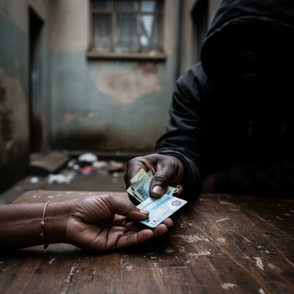 A SASSA beneficiary reluctantly hands over their green SASSA card to a loan shark in exchange for cash, symbolizing the…