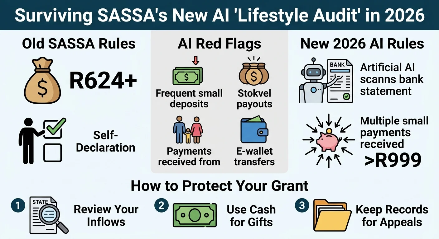 Infographic comparing SASSA's old means test rules with the new 2026 AI lifestyle audit, showing income thresholds, wha…