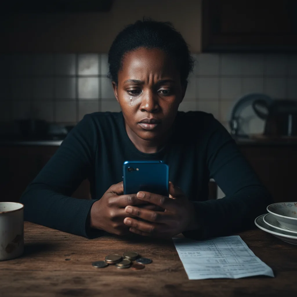 A concerned South African woman reviews her bank statement and phone at night, worried about the new SASSA AI lifestyle…
