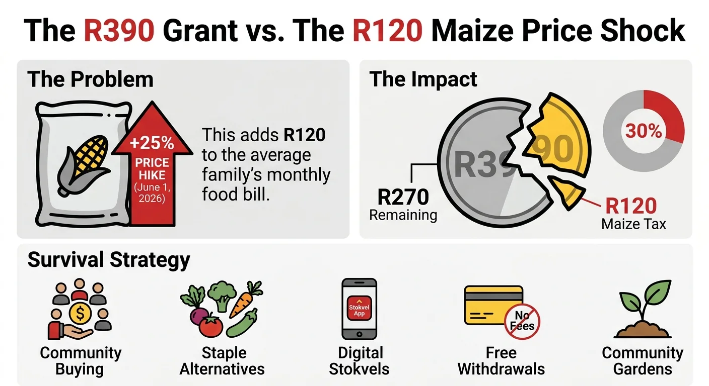 Infographic showing how the June 2026 R120 maize price hike reduces the R390 SASSA grant's effective value to R270, and…