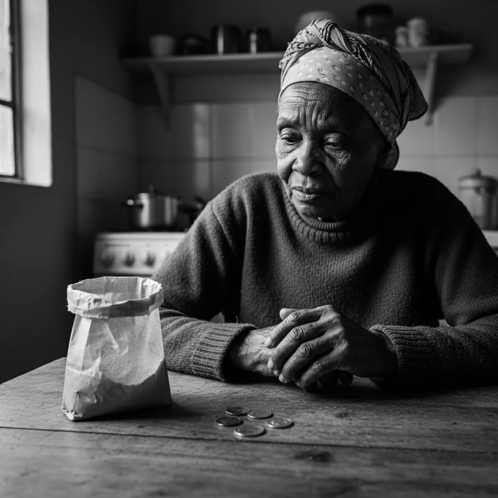 An elderly South African woman looks worriedly at a small bag of maize meal and a few coins on her table, symbolizing t…