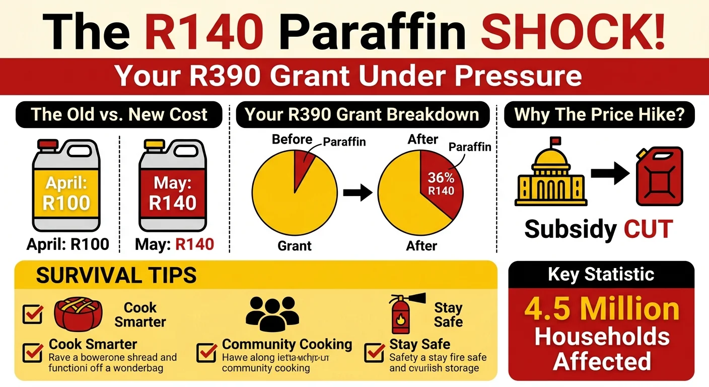 Infographic explaining the 2026 paraffin price hike's impact on SASSA grants. It shows the price increase from R100 to…