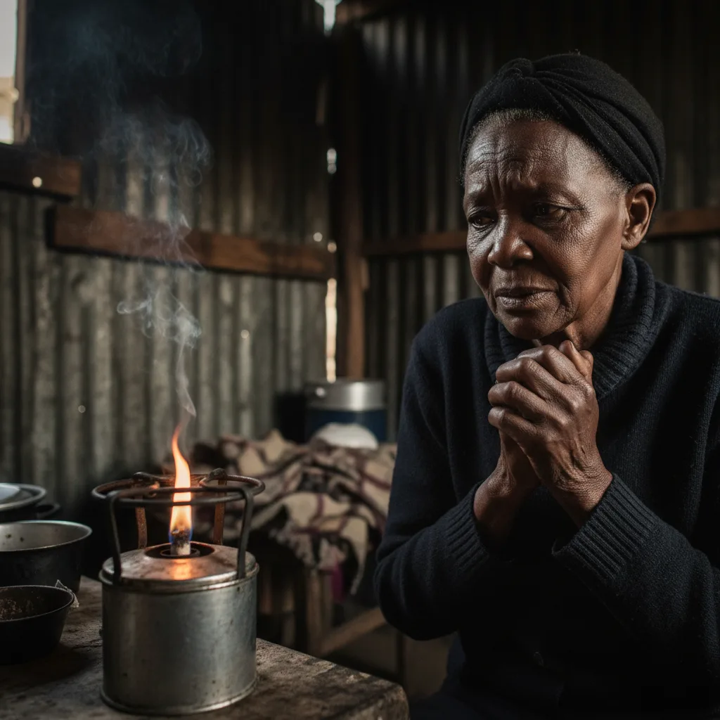 A concerned elderly South African woman sits in front of her paraffin stove, contemplating the rising cost of fuel and…