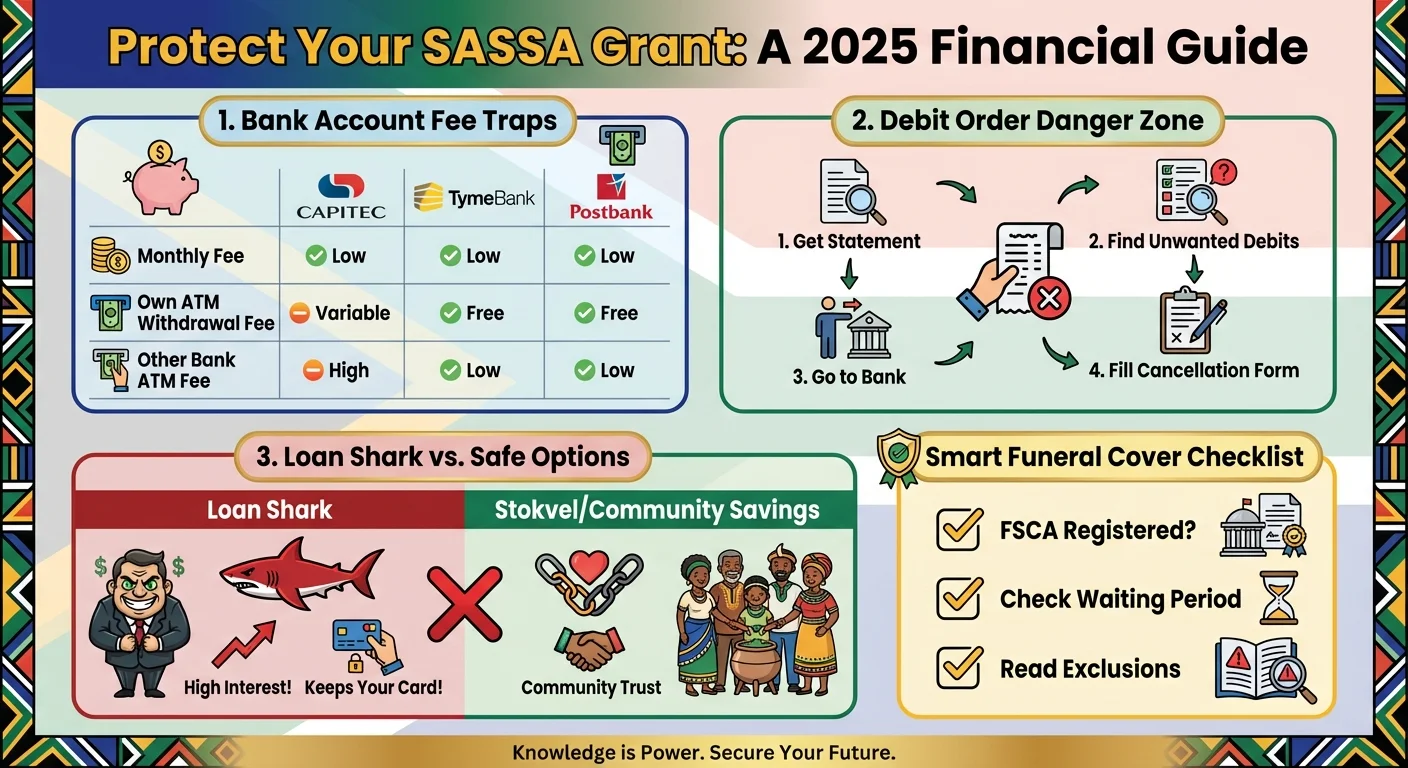 An infographic guide for SASSA beneficiaries in 2025, explaining how to avoid bank fees, cancel debit orders, identify loan sharks, and choose safe funeral cover.