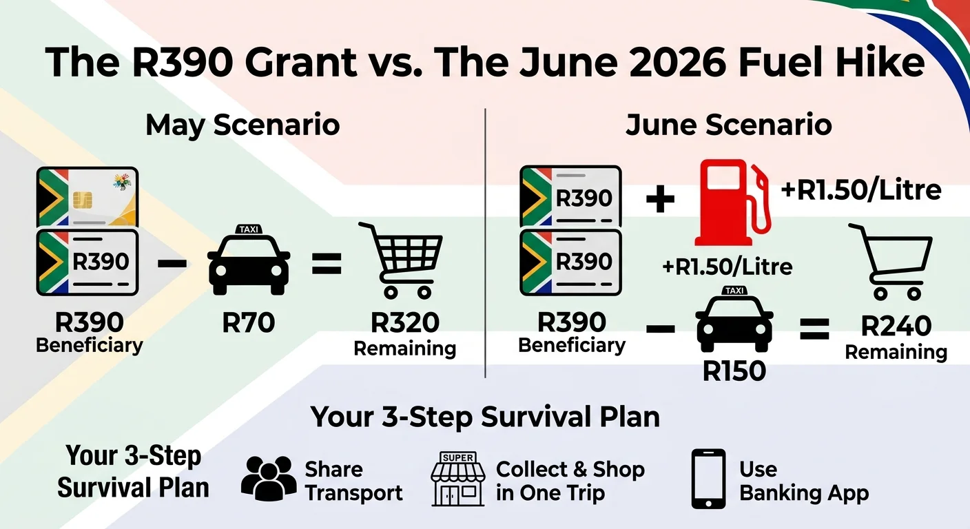 Infographic showing how the June 2026 fuel hike reduces the value of the R390 SASSA grant. It compares the remaining mo…