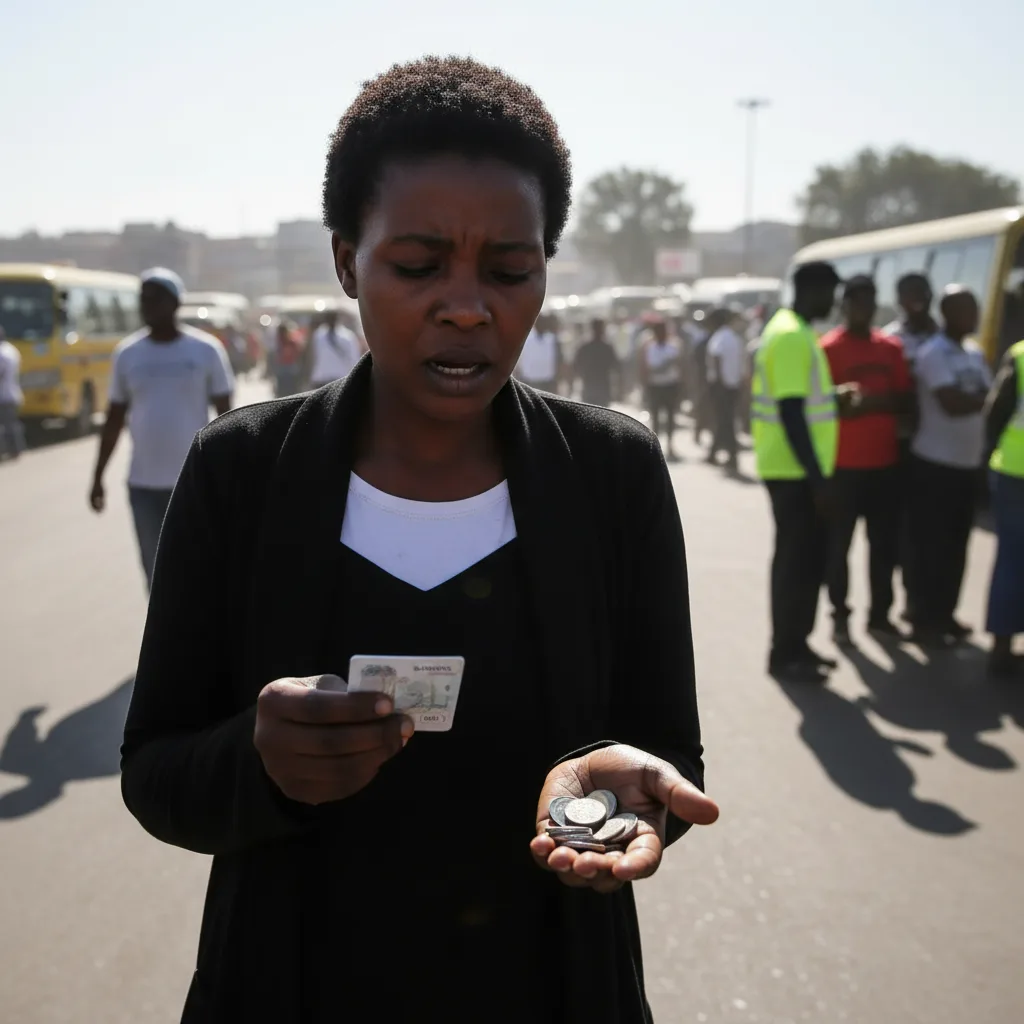 A concerned South African woman at a taxi rank, counting coins to see if she has enough money for the fare to collect h…