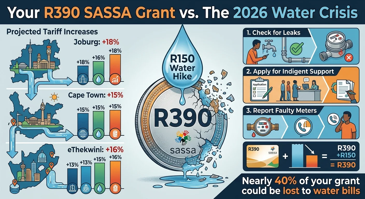 Infographic explaining how 2026 water tariff hikes will consume nearly 40% of the R390 SASSA grant, with data on city-s…