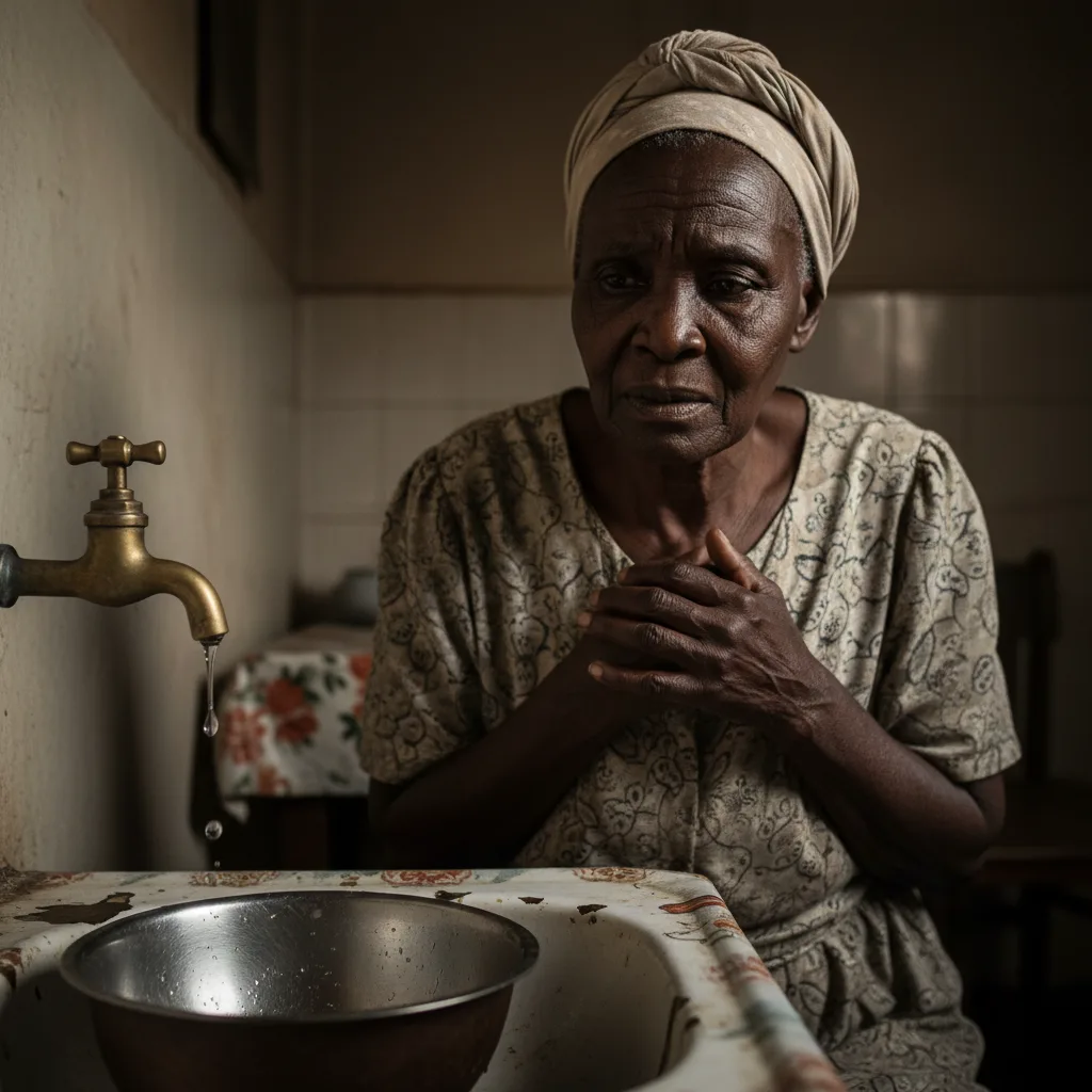 An elderly woman worriedly watches a tap drip, symbolizing the high cost of water in South Africa for SASSA beneficiari…