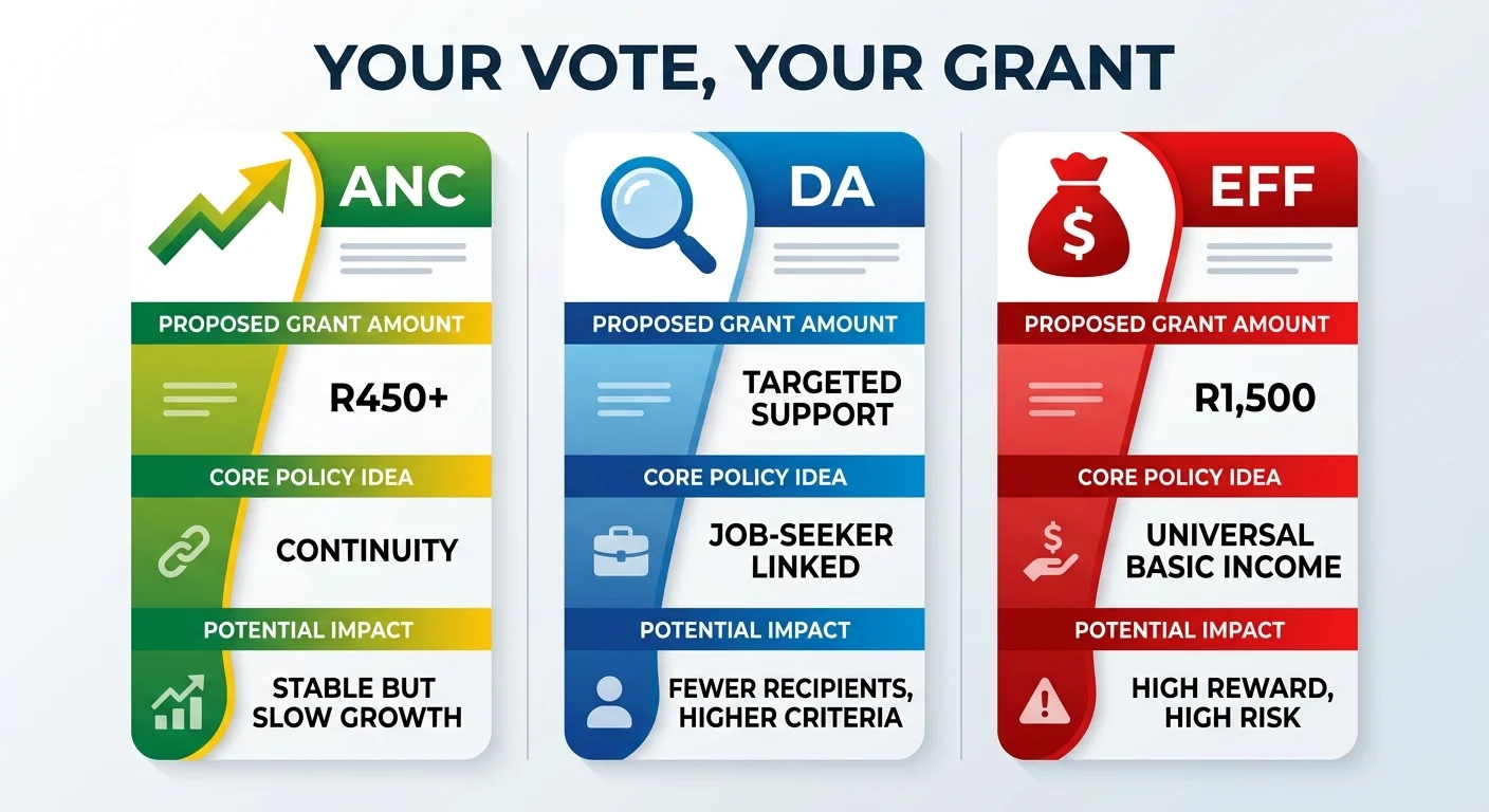 An infographic comparing the SASSA grant proposals of the ANC, DA, and EFF for the 2026 elections, showing different pr…