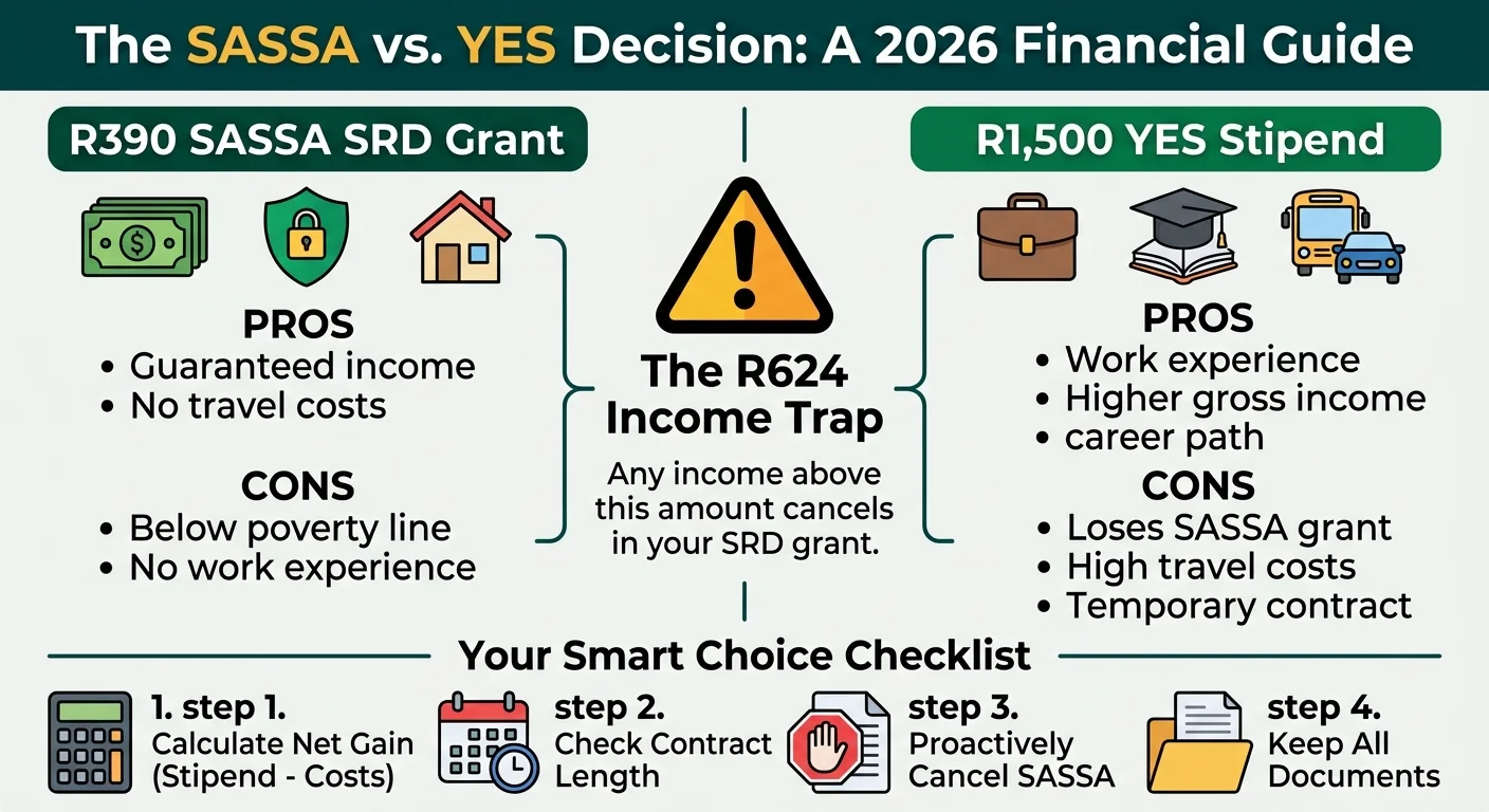 An infographic comparing the pros and cons of the R390 SASSA grant versus the R1,500 YES stipend, explaining the R624 i…