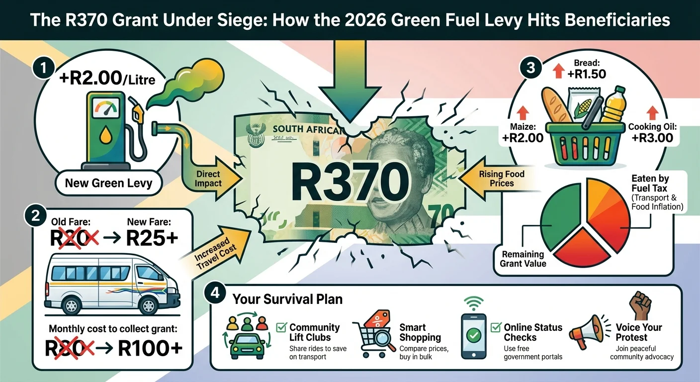 Infographic detailing how the new 2026 fuel levy impacts the R370 SASSA grant, showing increased taxi fares, higher foo…