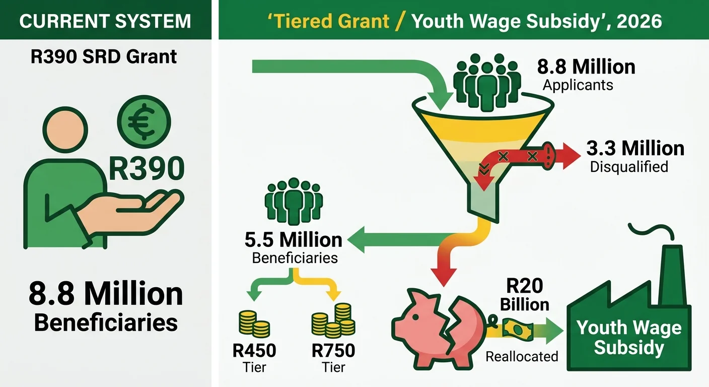 Infographic explaining the 2026 proposed SASSA changes, showing how 8.8 million SRD beneficiaries could be cut to 5.5 m…