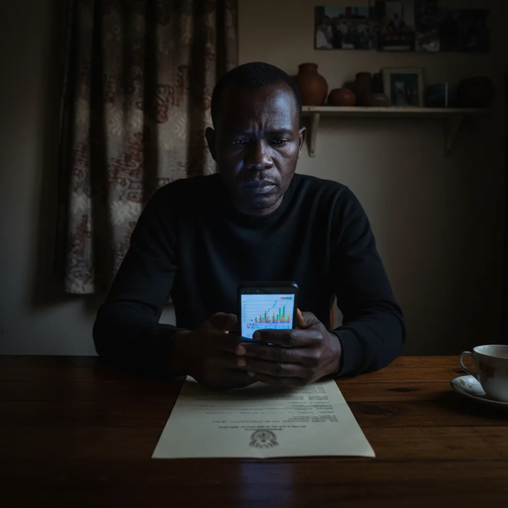 A concerned man reviews a leaked government document about SASSA grant cuts in 2026, highlighting the anxiety felt by m…