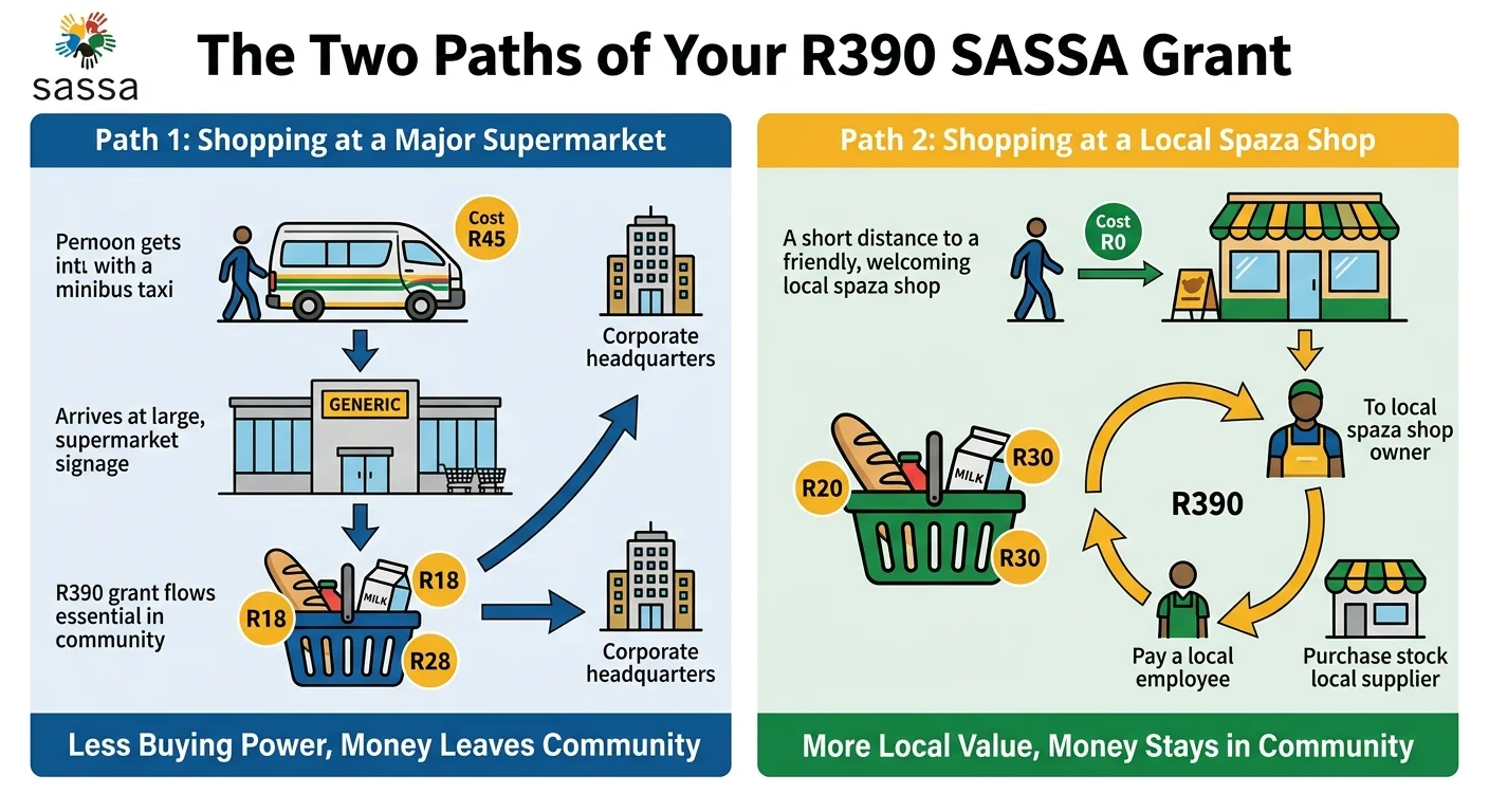 Infographic comparing how a R390 SASSA grant is spent. One path shows money leaving the community via supermarkets and…