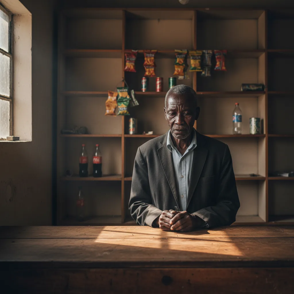 An elderly Black South African spaza shop owner looks on with concern inside his struggling store, symbolizing the 2026…