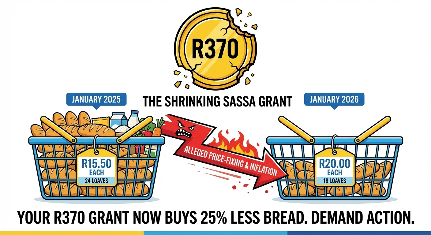 Infographic showing the decreasing buying power of the R370 SASSA grant, comparing a full shopping basket of bread in 2025 to a much less full one in 2026 due to price increases.