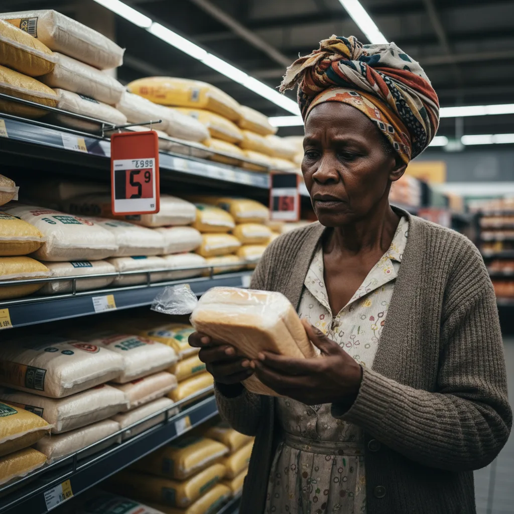 Infographic showing the decreasing buying power of the R370 SASSA grant, comparing a full shopping basket of bread in 2025 to a much less full one in 2026 due to price increases.