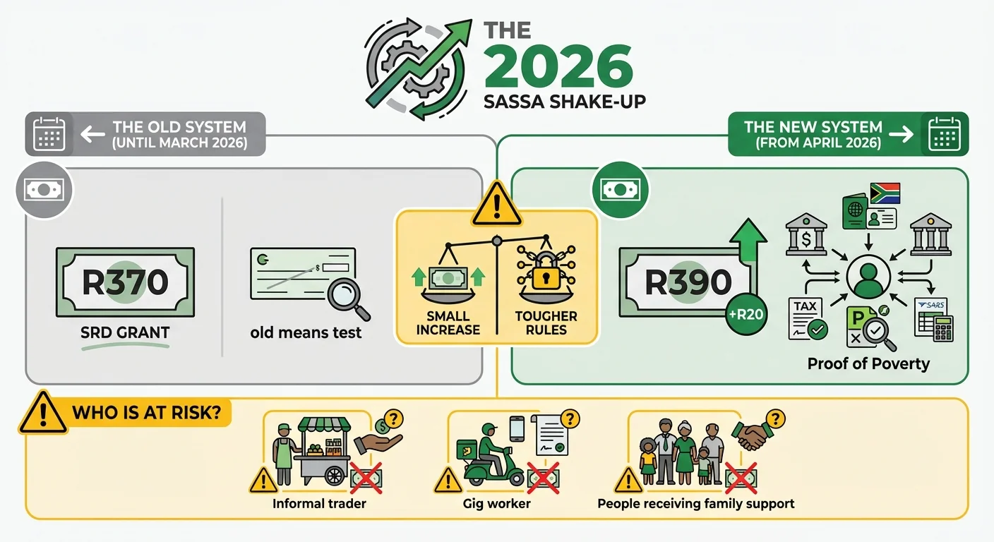 Infographic comparing the old SASSA SRD grant system with the new 2026 system, showing the increase from R370 to R390 b…