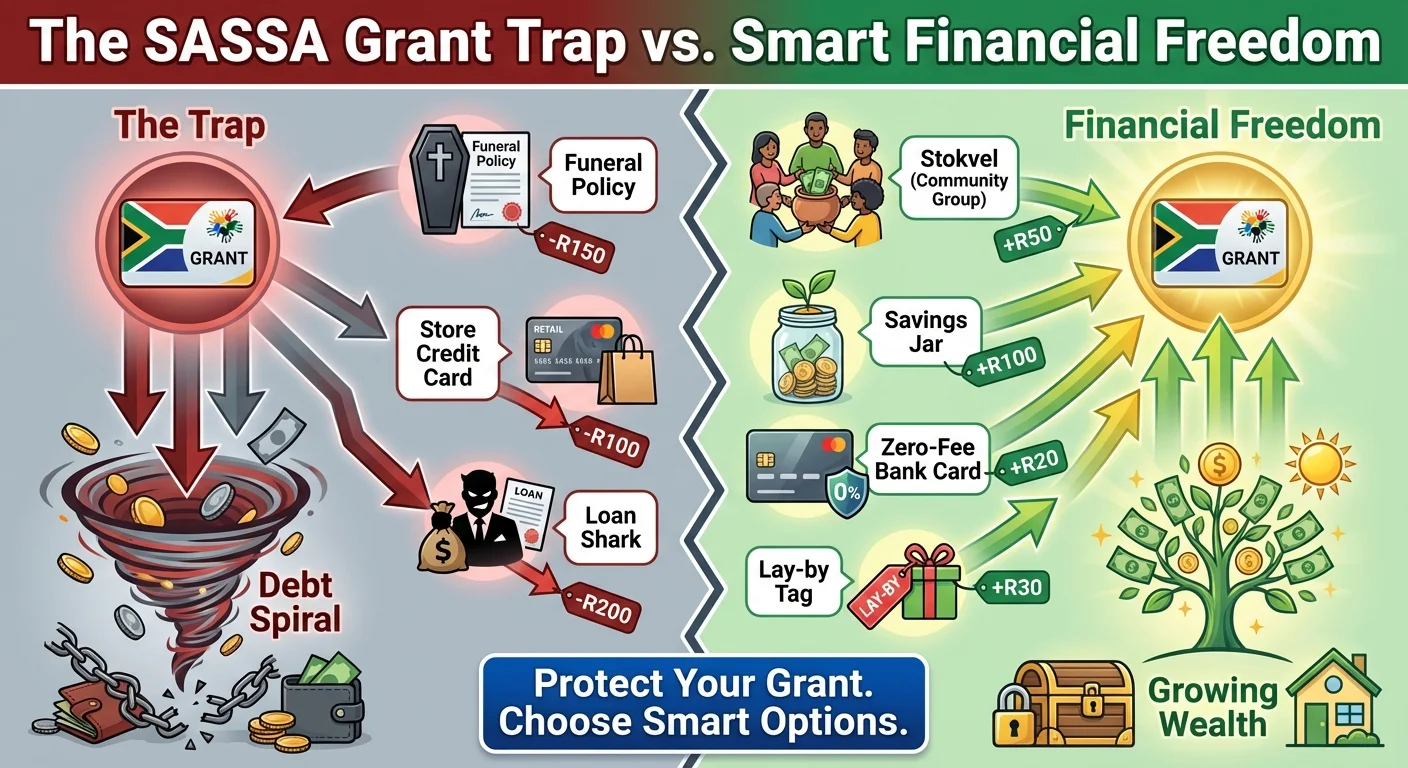 An infographic comparing poor financial choices for SASSA grants (like high-cost funeral policies and store cards) with smart choices (like stokvels and savings accounts).