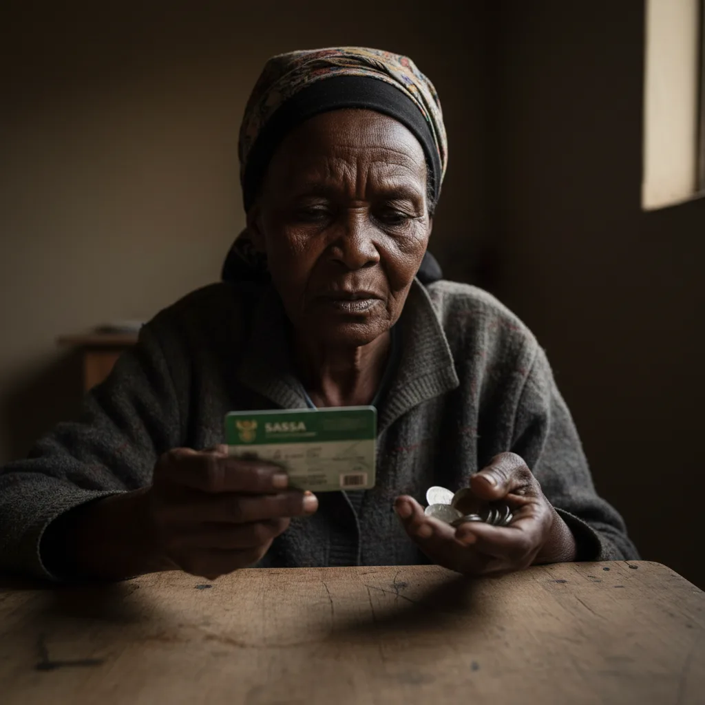An elderly South African woman looking worriedly at her SASSA card and a few coins, illustrating the financial struggles of grant recipients due to deductions.
