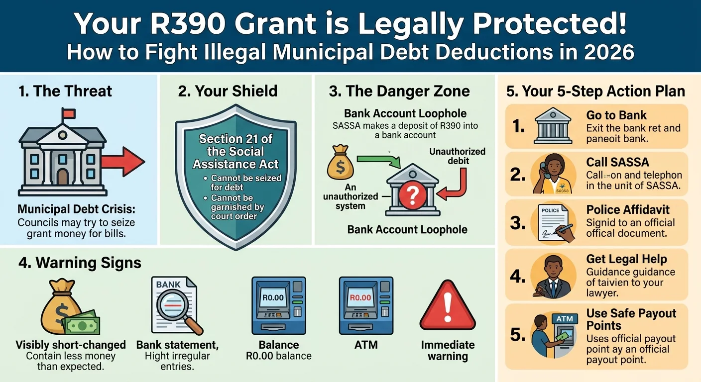 A 5-step infographic explaining how South African SASSA beneficiaries can legally protect their R390 grant from illegal…