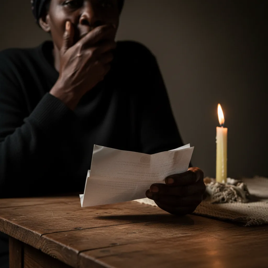 A worried South African woman reacts with shock to an official municipal letter, symbolising the fear of having her SAS…
