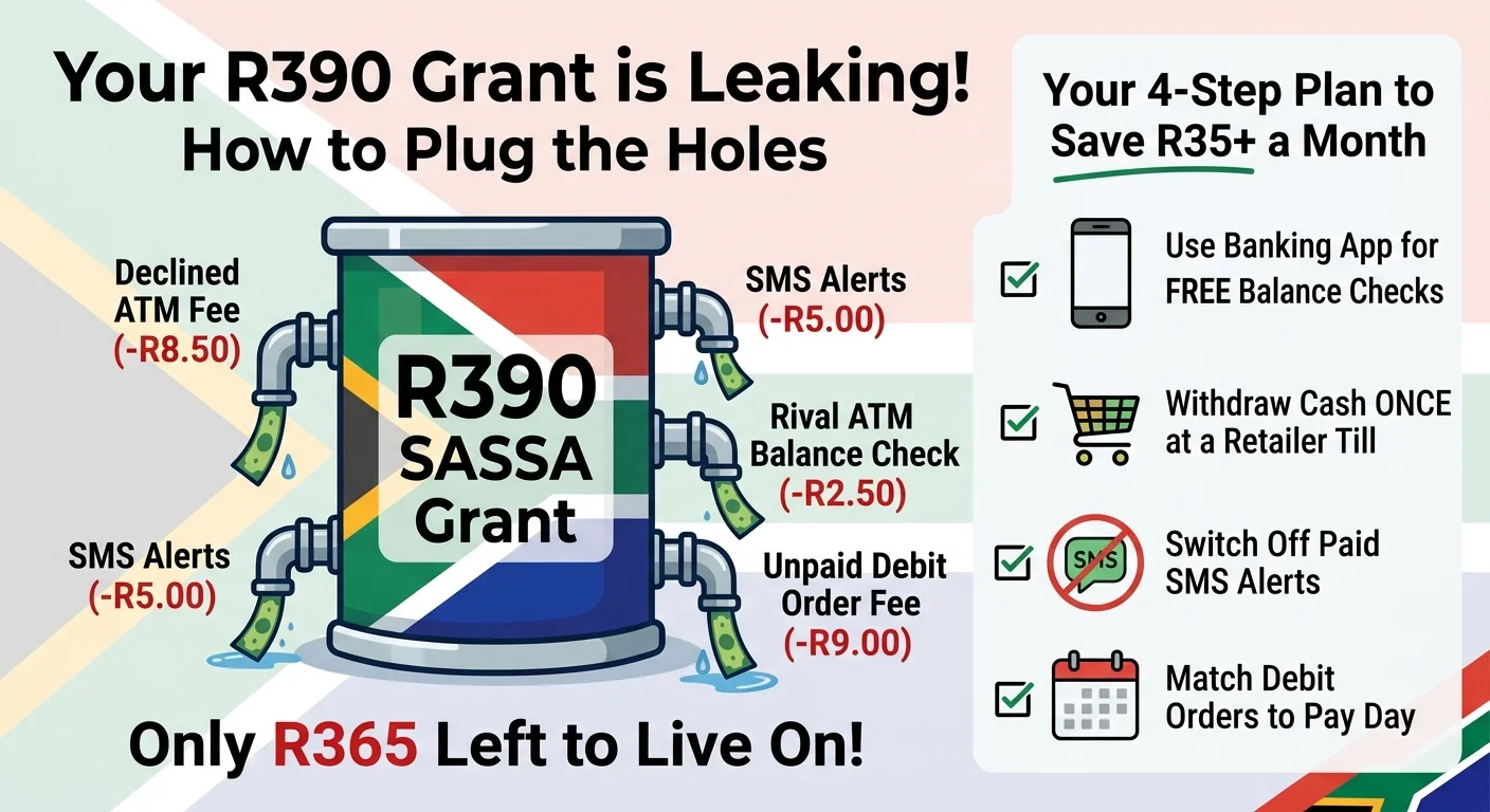 Infographic explaining how hidden bank fees reduce the R390 SASSA grant. It shows money leaking out for fees like decli…