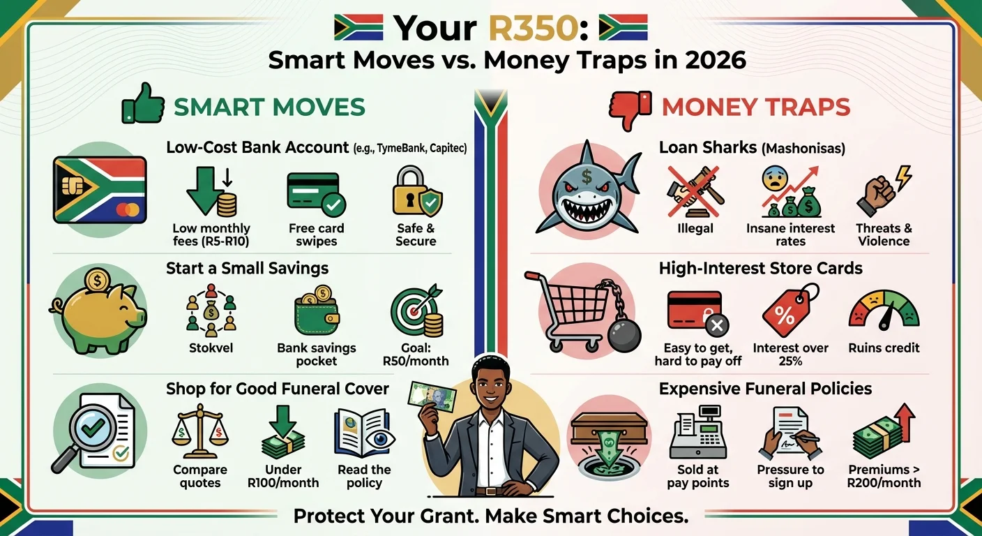 An infographic comparing smart financial choices versus common money traps for SASSA grant recipients in 2026. The left side shows positive options like low-cost bank accounts and savings, while the right side warns against dangers like loan sharks and expensive funeral policies.