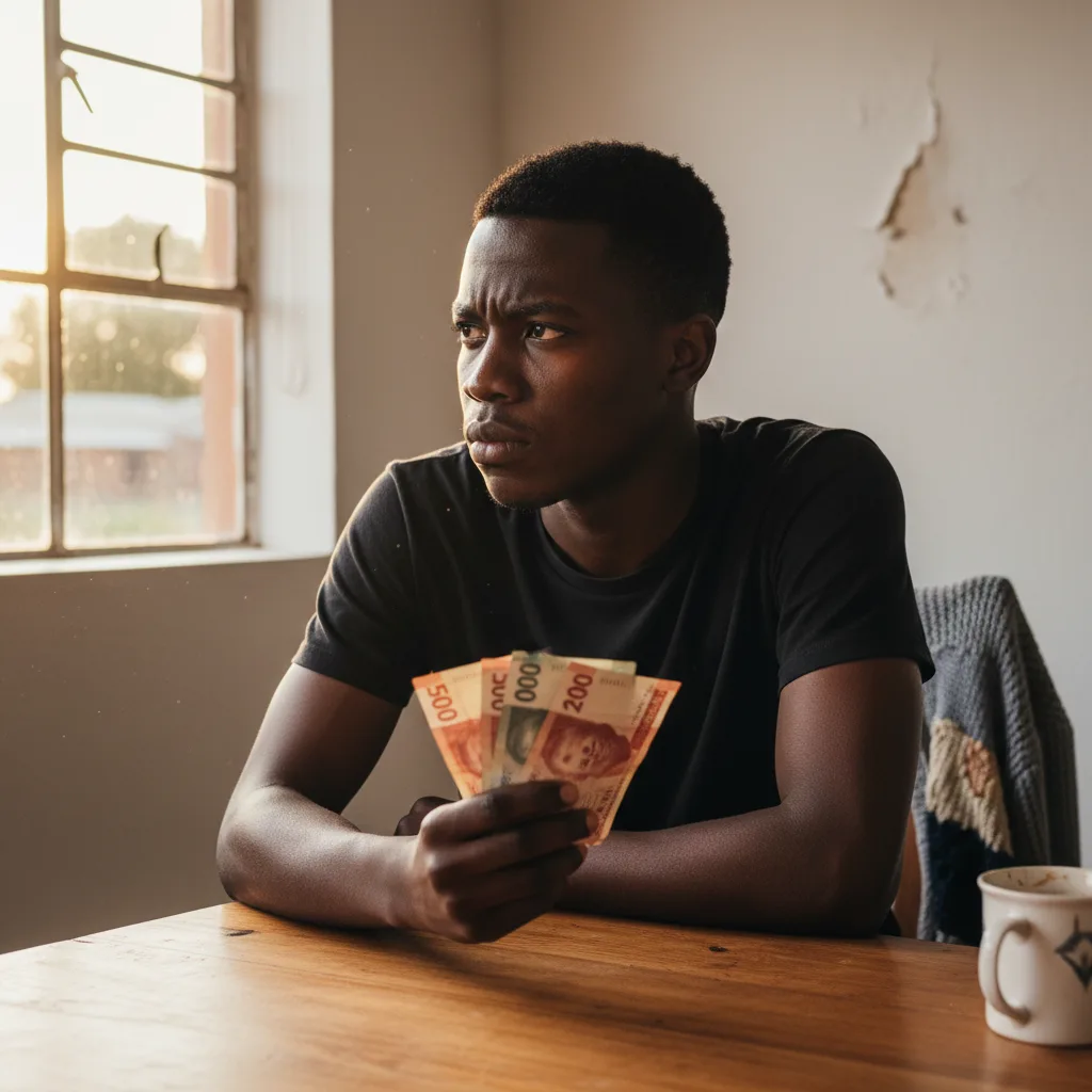 A young South African man contemplates his financial future while holding a small amount of cash, representing the difficult choices faced by SASSA grant beneficiaries in 2025.
