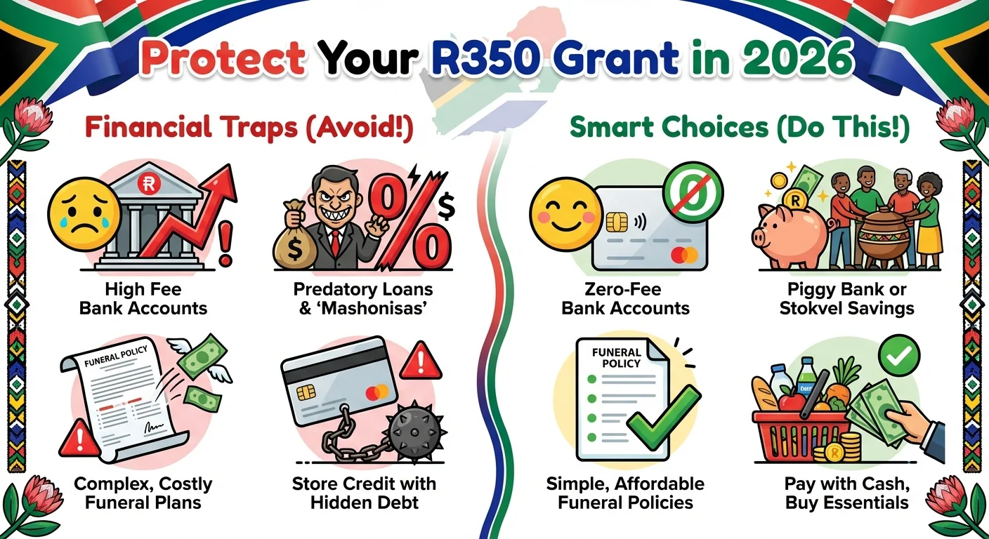 An infographic comparing bad financial choices like high-fee banks and loan sharks with good financial choices like zero-fee accounts and budgeting for SASSA recipients.