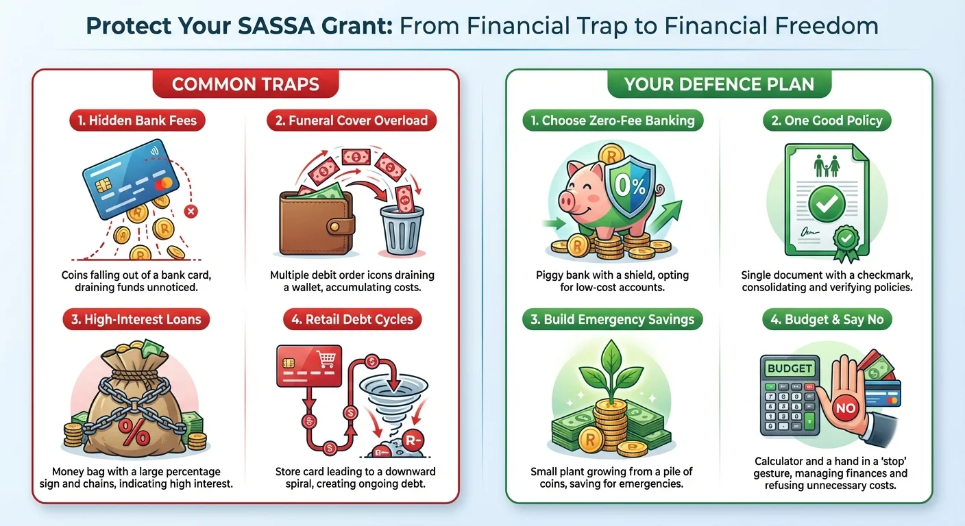 An infographic comparing financial traps for SASSA recipients, like hidden fees and loans, with financial solutions like low-cost banking and emergency savings.